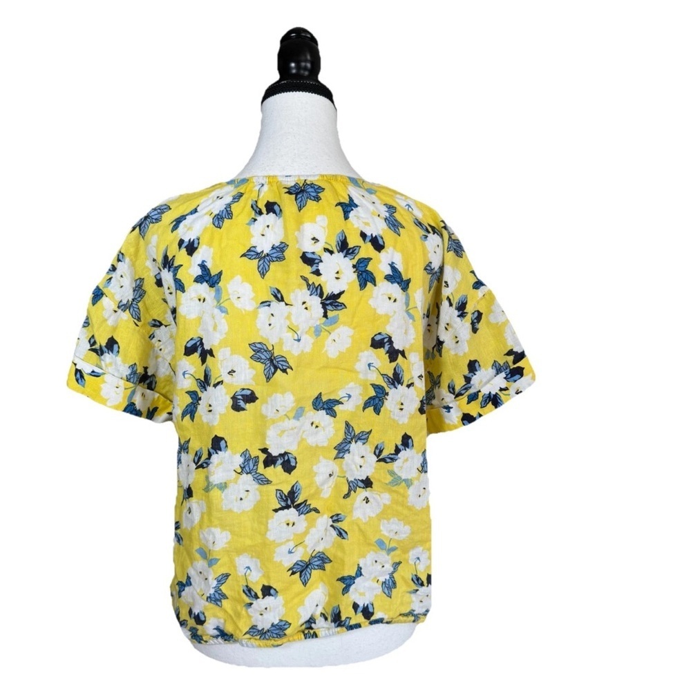 Charter Club Luxury 100% Linen Top Large Yellow Floral V-Neck Short Sleeve Tie - Picture 3 of 6